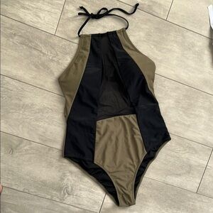 CUPSHE Halter One Piece Khaki Black Mesh Cut-Out Swimsuit, Size XXL